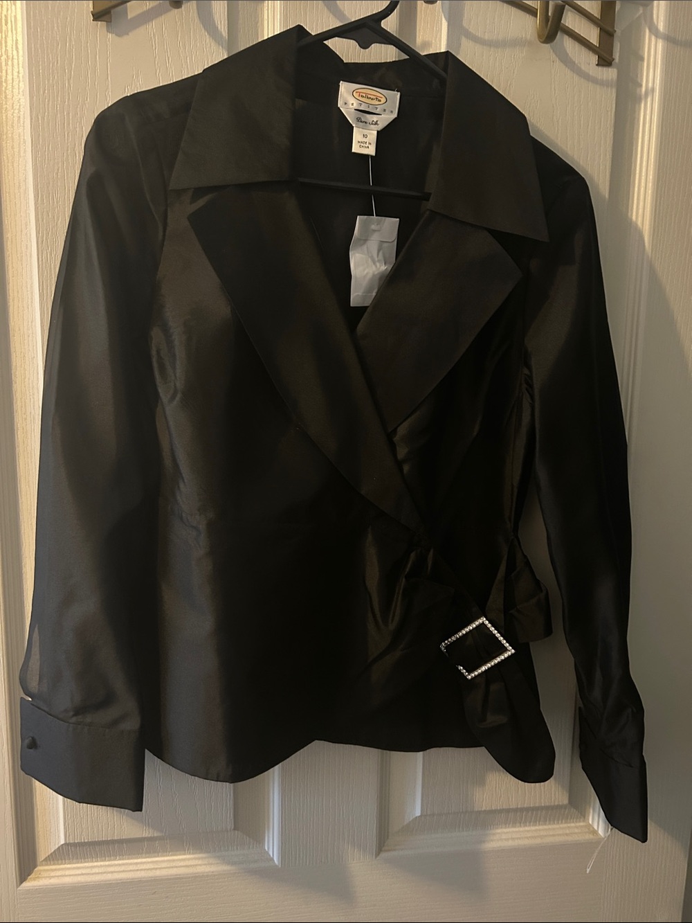 Classic Black Silk sheer shirt with Rhinestone Buckle